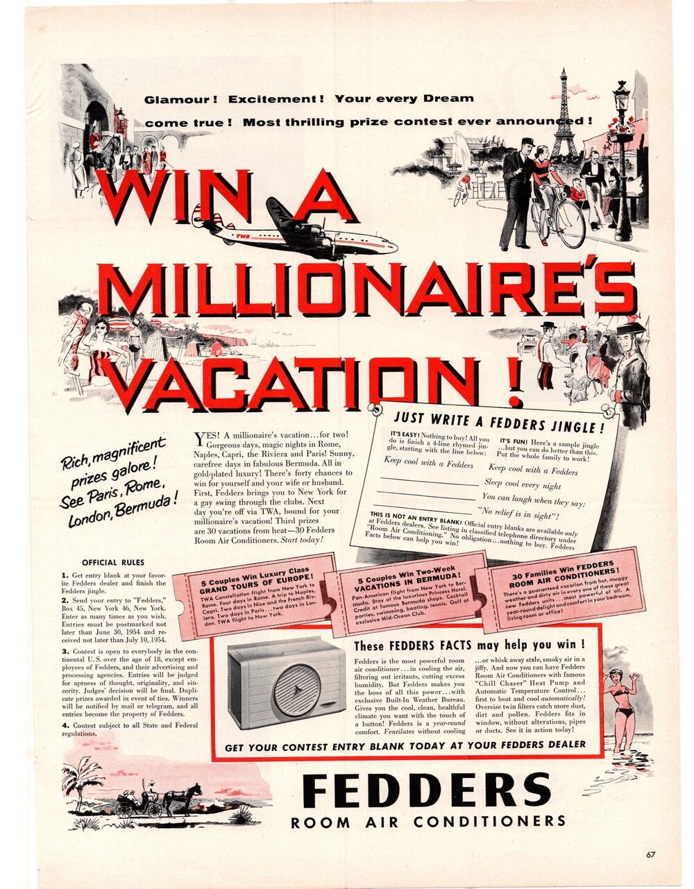 Fedder Air Conditioner Contest Advertisement Vintage 1954 Appliance Vacation